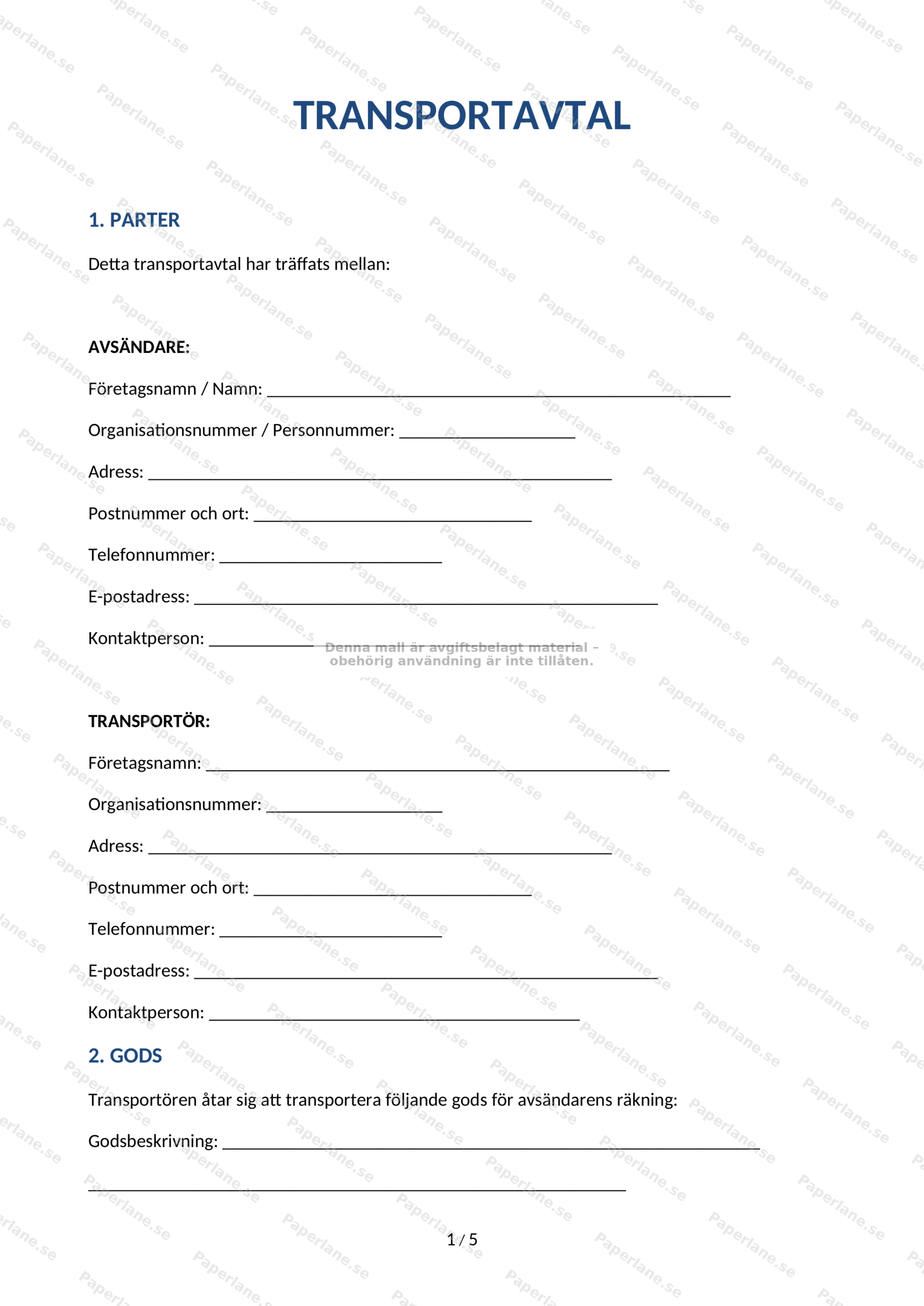 Första sidan av ett transportavtal i A4-format, formellt dokument med rubriker och text.