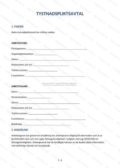 Första sidan av ett tystnadspliktsavtal på A4, innehåller textstycken och signaturruta.