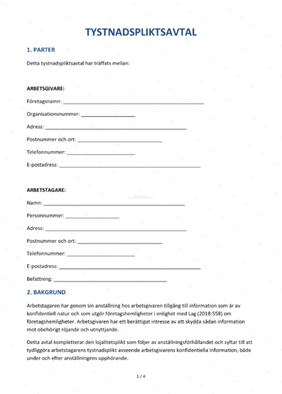Första sidan av ett tystnadspliktsavtal på A4, innehåller textstycken och signaturruta.