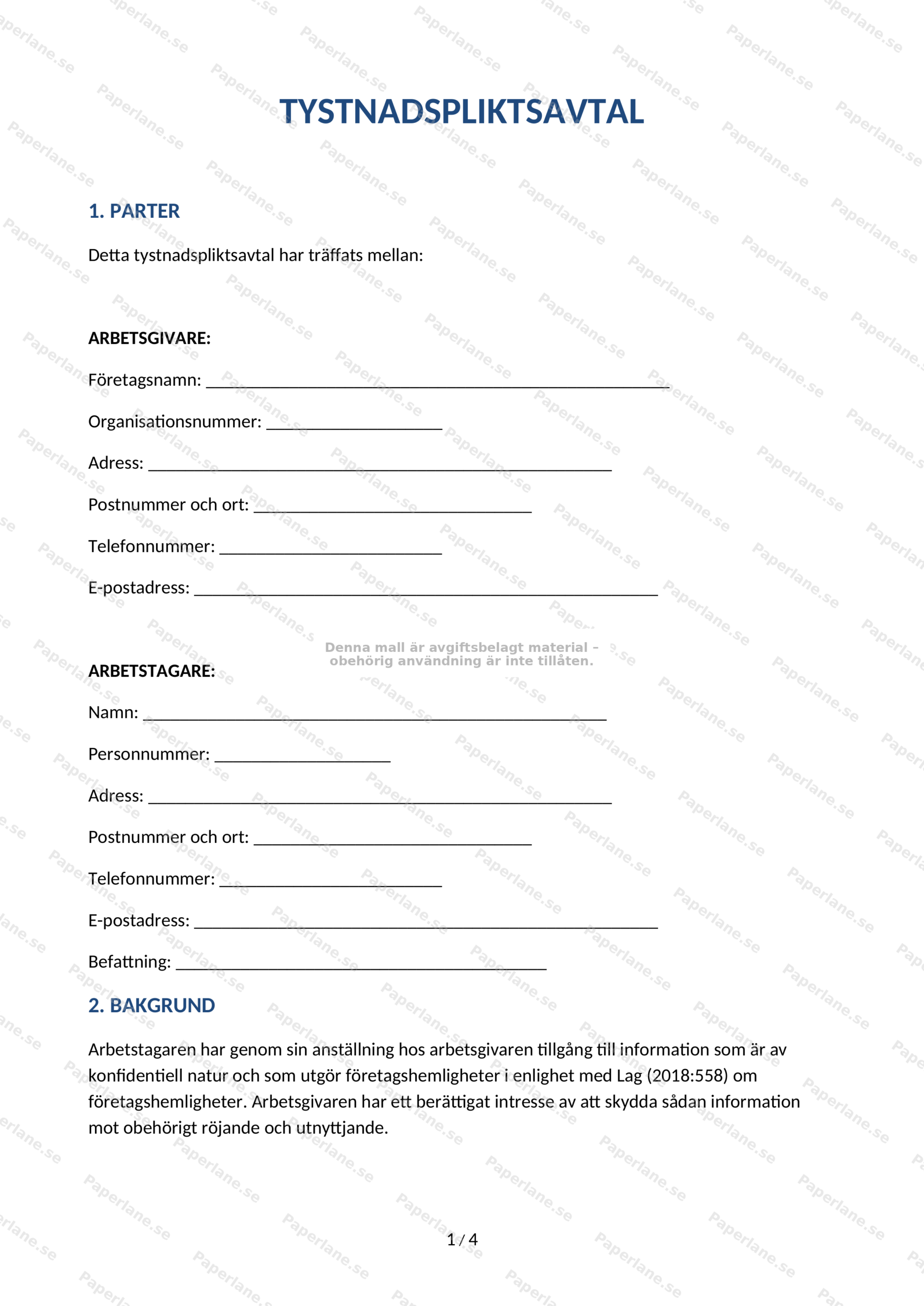 Första sidan av ett tystnadspliktsavtal på A4, innehåller textstycken och signaturruta.