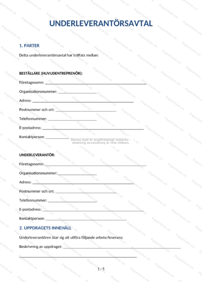 Första sidan av ett underleverantörsavtal i A4-format, skannad/skalad sida med text och rubriker