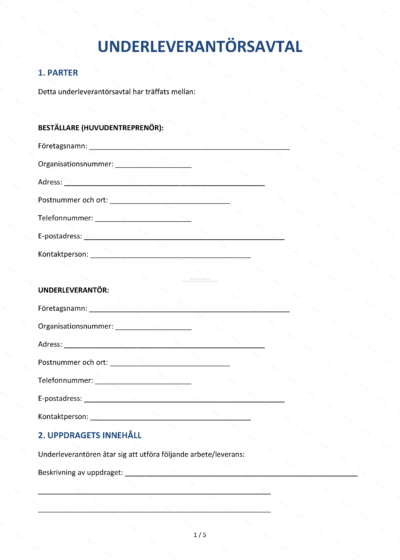 Första sidan av ett underleverantörsavtal i A4-format, skannad/skalad sida med text och rubriker