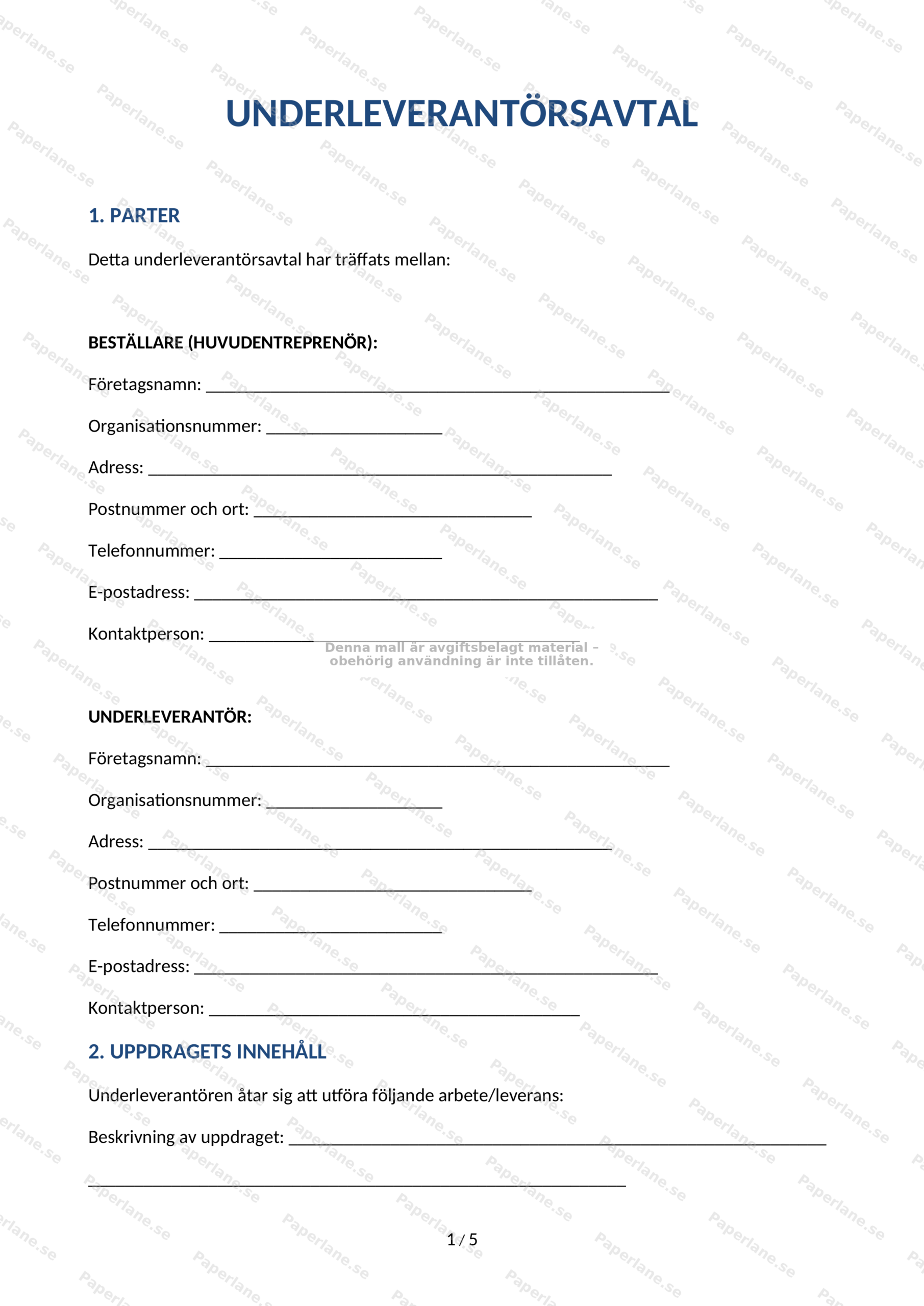 Första sidan av ett underleverantörsavtal i A4-format, skannad/skalad sida med text och rubriker