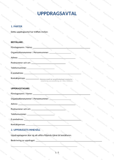 Första sidan av ett uppdragsavtal i A4-format med rubriker och brödtext