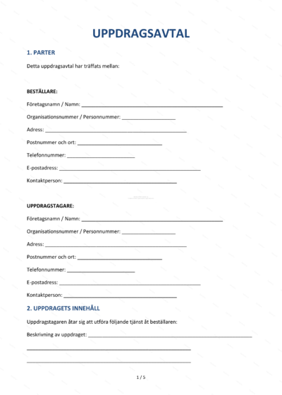 Första sidan av ett uppdragsavtal i A4-format med rubriker och brödtext