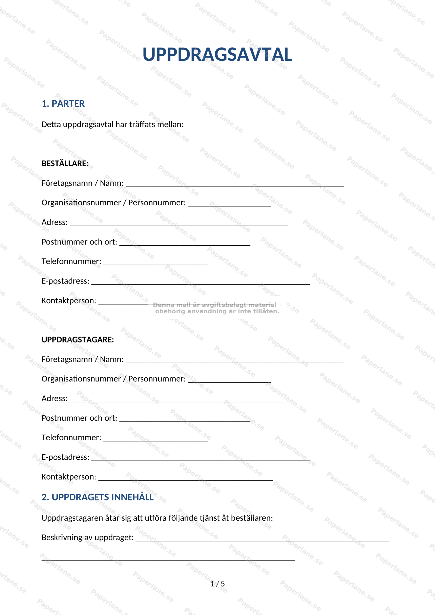 Första sidan av ett uppdragsavtal i A4-format med rubriker och brödtext