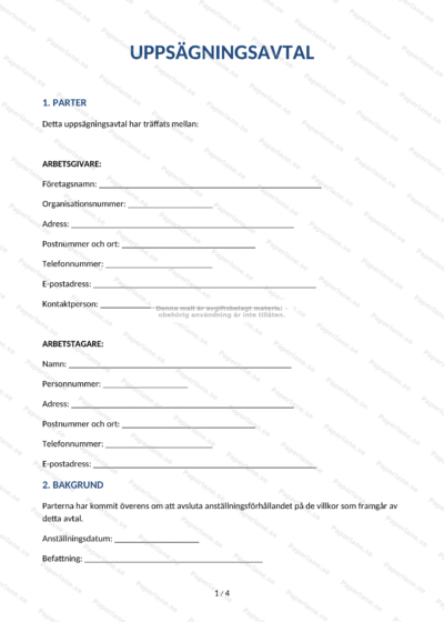 Första sidan av uppsägningsavtal i A4-format med text och utrymme för underskrifter