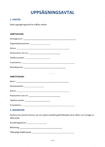 Första sidan av uppsägningsavtal i A4-format med text och utrymme för underskrifter