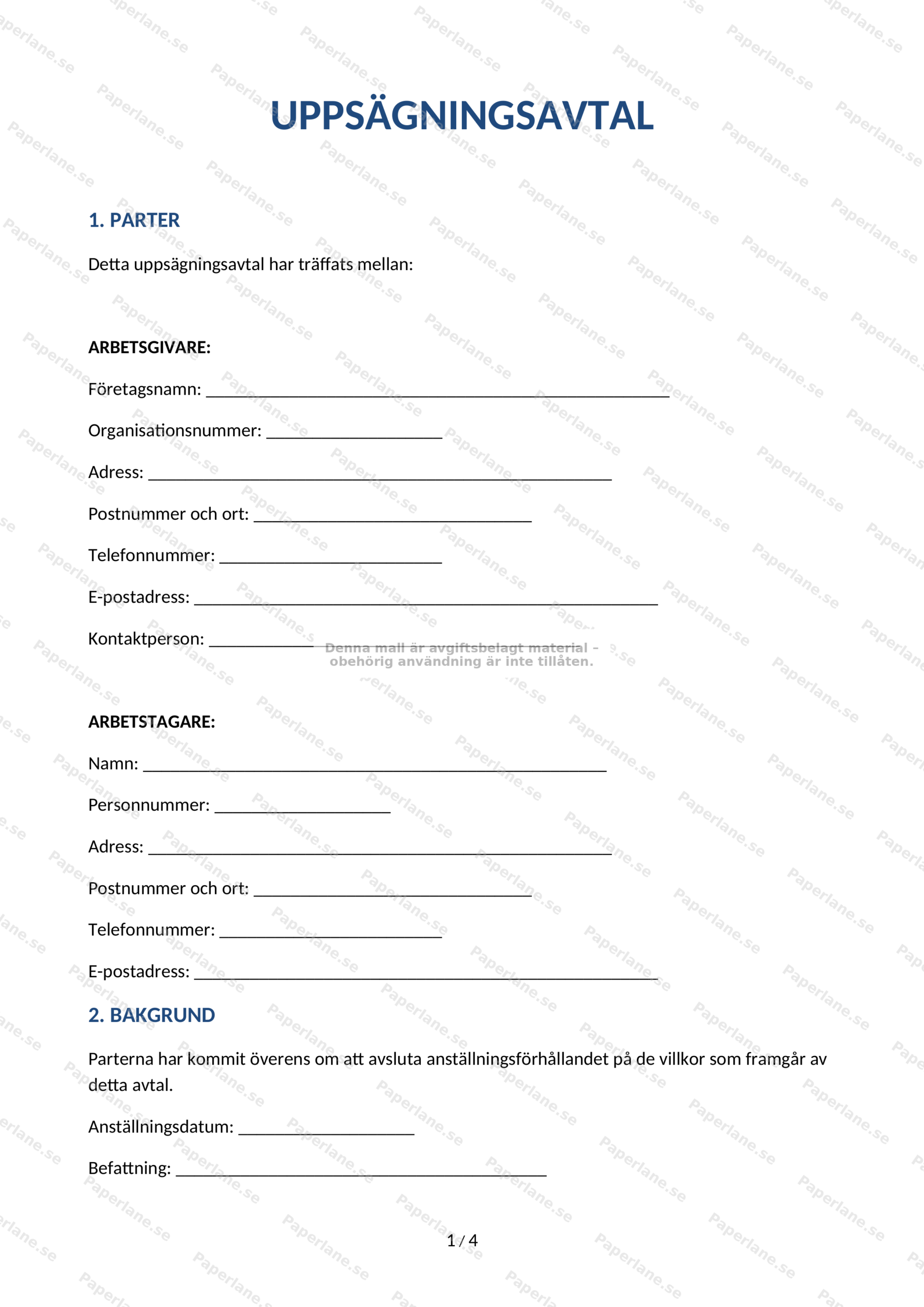 Första sidan av uppsägningsavtal i A4-format med text och utrymme för underskrifter