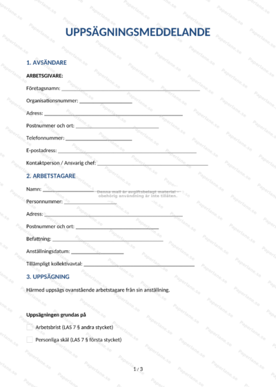 Uppsägningsmeddelande på A4-sida, officiellt brev med text