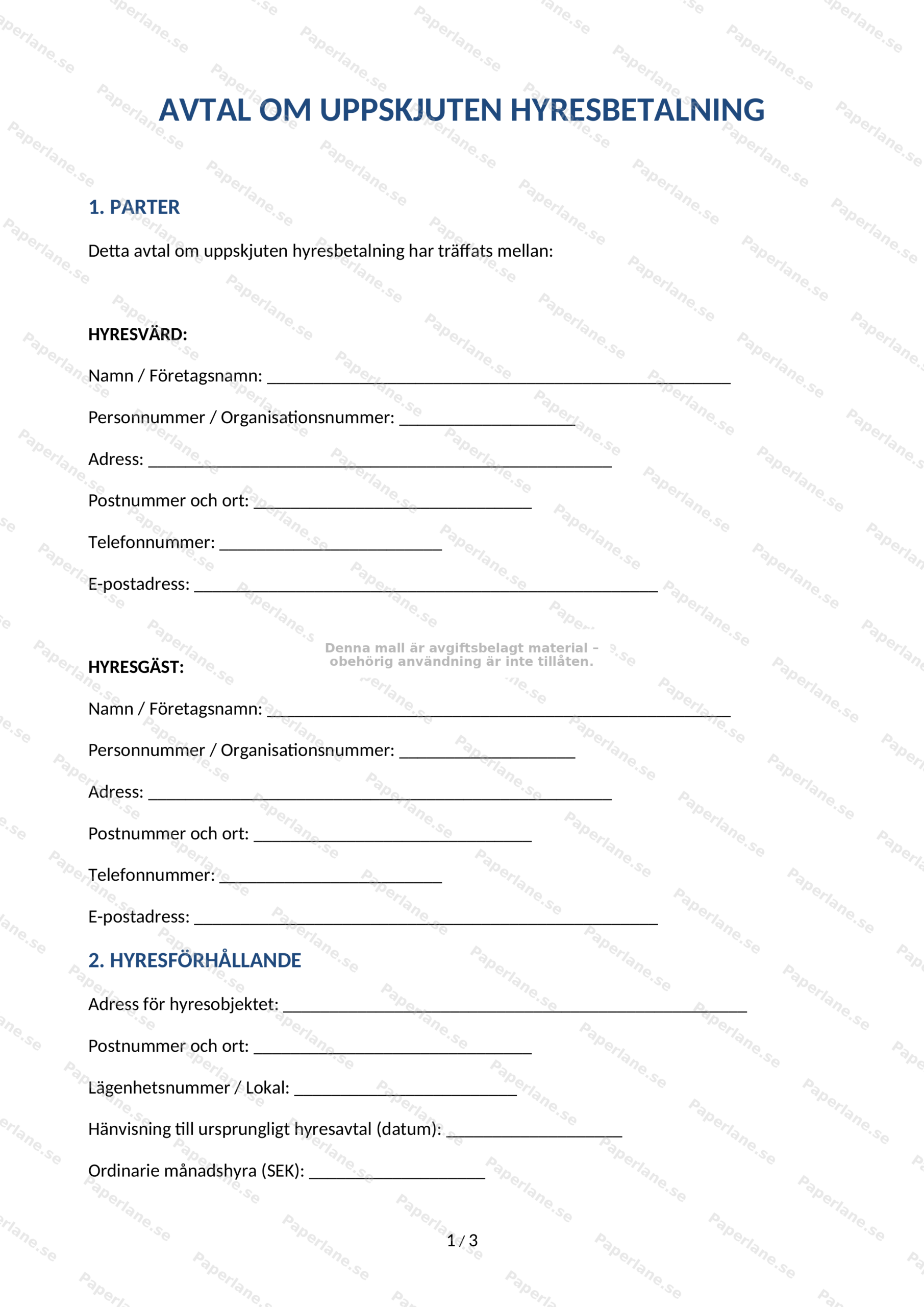 Första sidan av A4-dokument med rubrik Uppskjuten hyresbetalning och löpande text