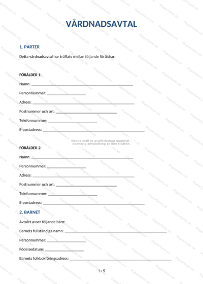 Första sidan av ett A4-vårdnadsavtal, utskrivet dokument med rubrik och löpande text