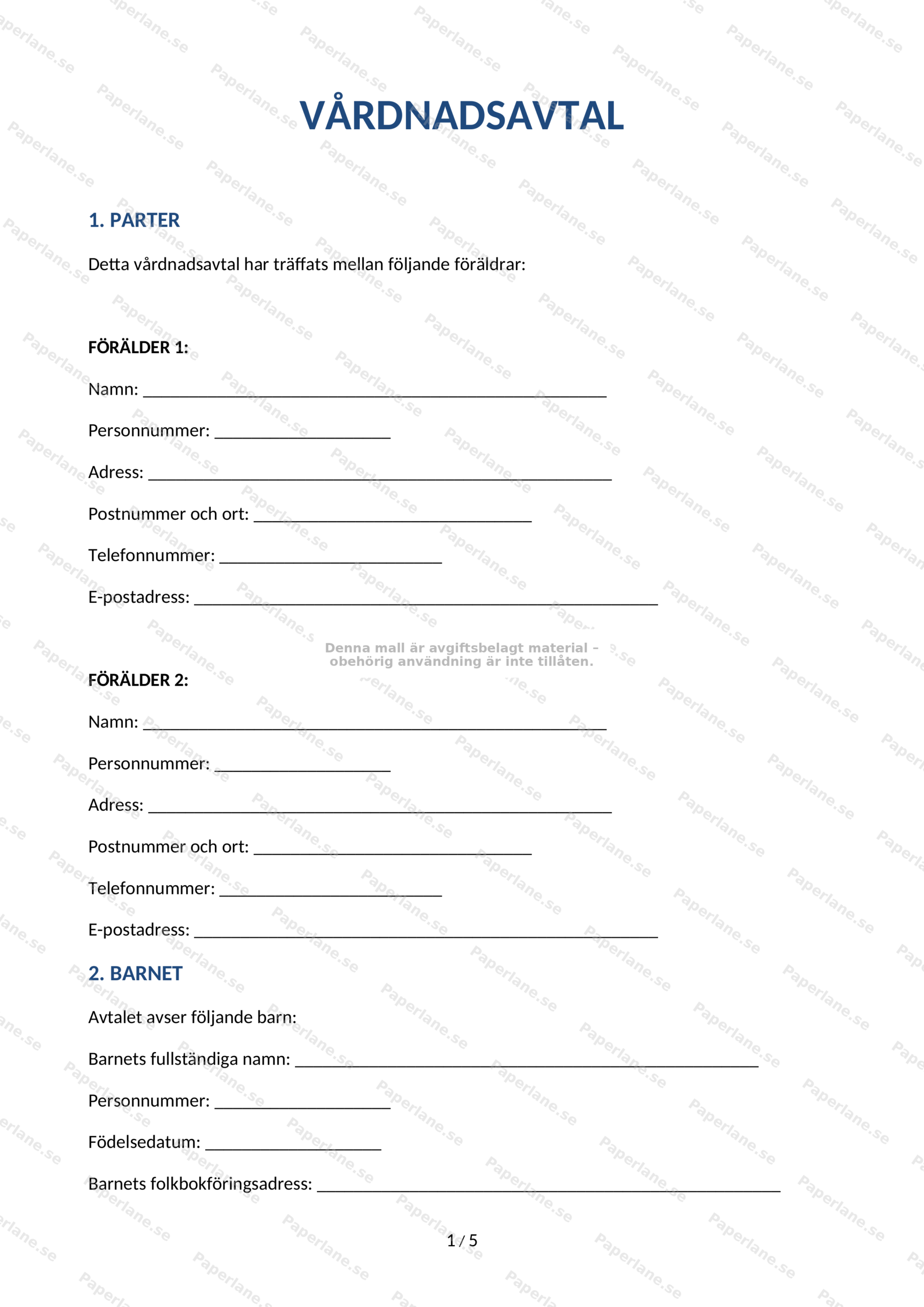 Första sidan av ett A4-vårdnadsavtal, utskrivet dokument med rubrik och löpande text