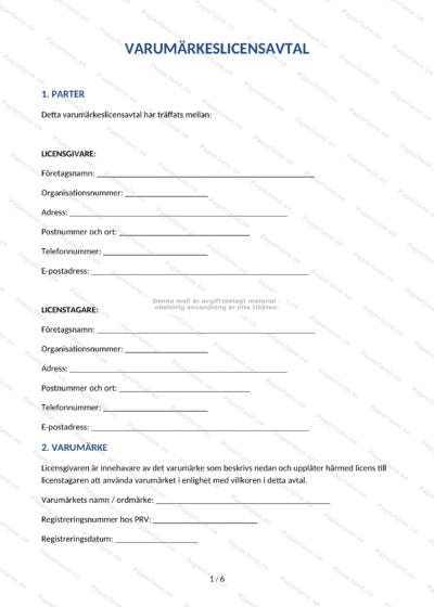 Första sidan i ett skalerat A4-dokument: varumärkeslicensavtal