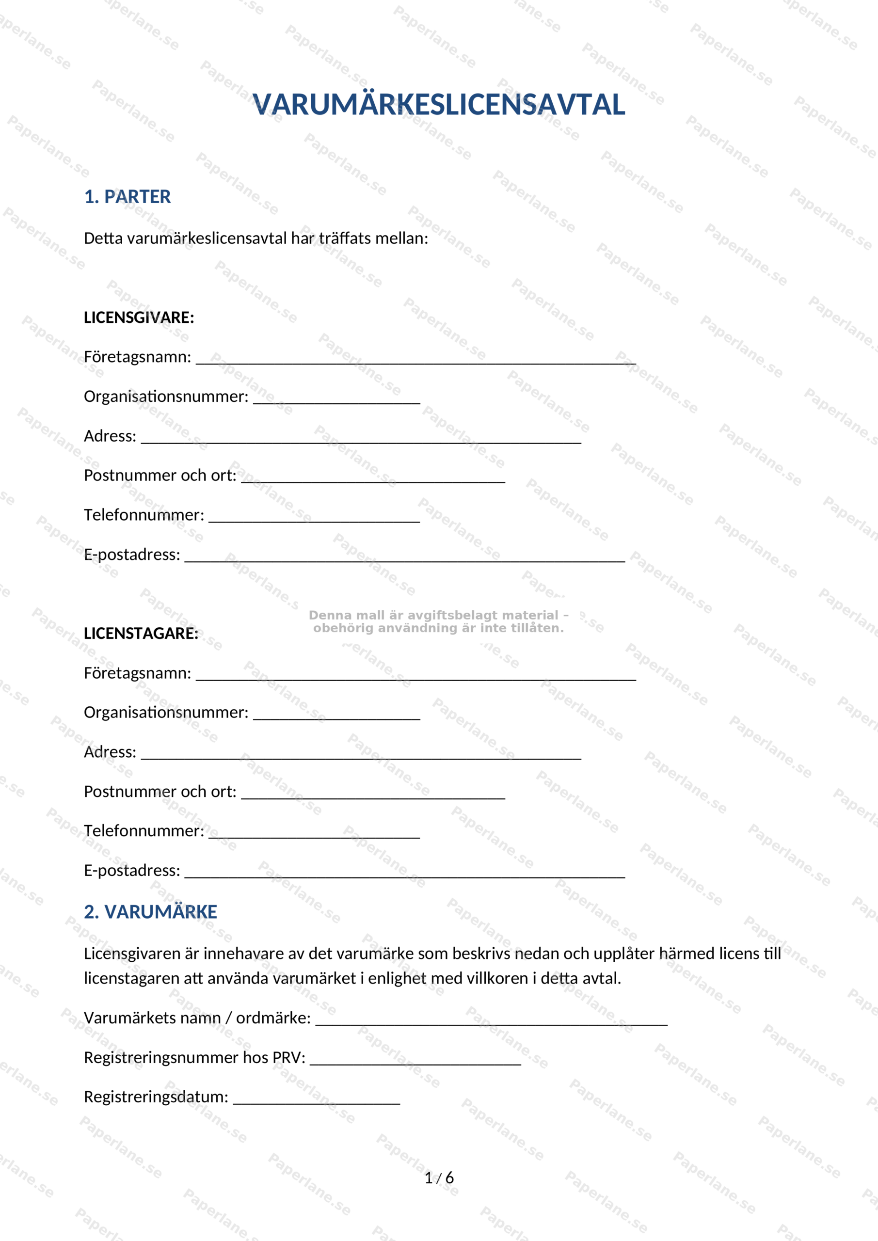 Första sidan i ett skalerat A4-dokument: varumärkeslicensavtal
