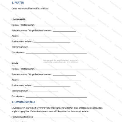 Första sidan av ett A4-dokument: vattenavtal med rubrik, text och signaturfält
