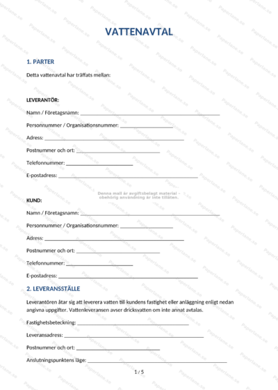 Första sidan av ett A4-dokument: vattenavtal med rubrik, text och signaturfält