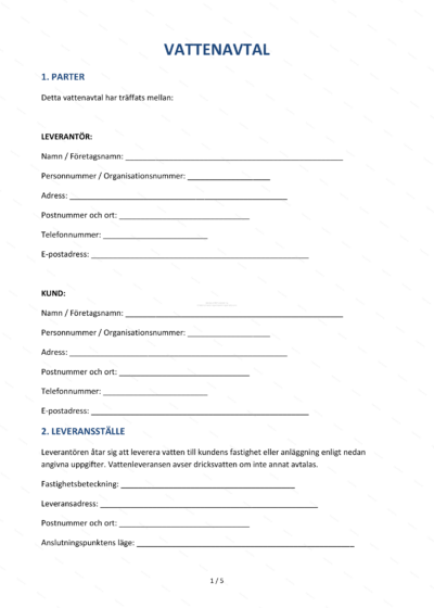 Första sidan av ett A4-dokument: vattenavtal med rubrik, text och signaturfält