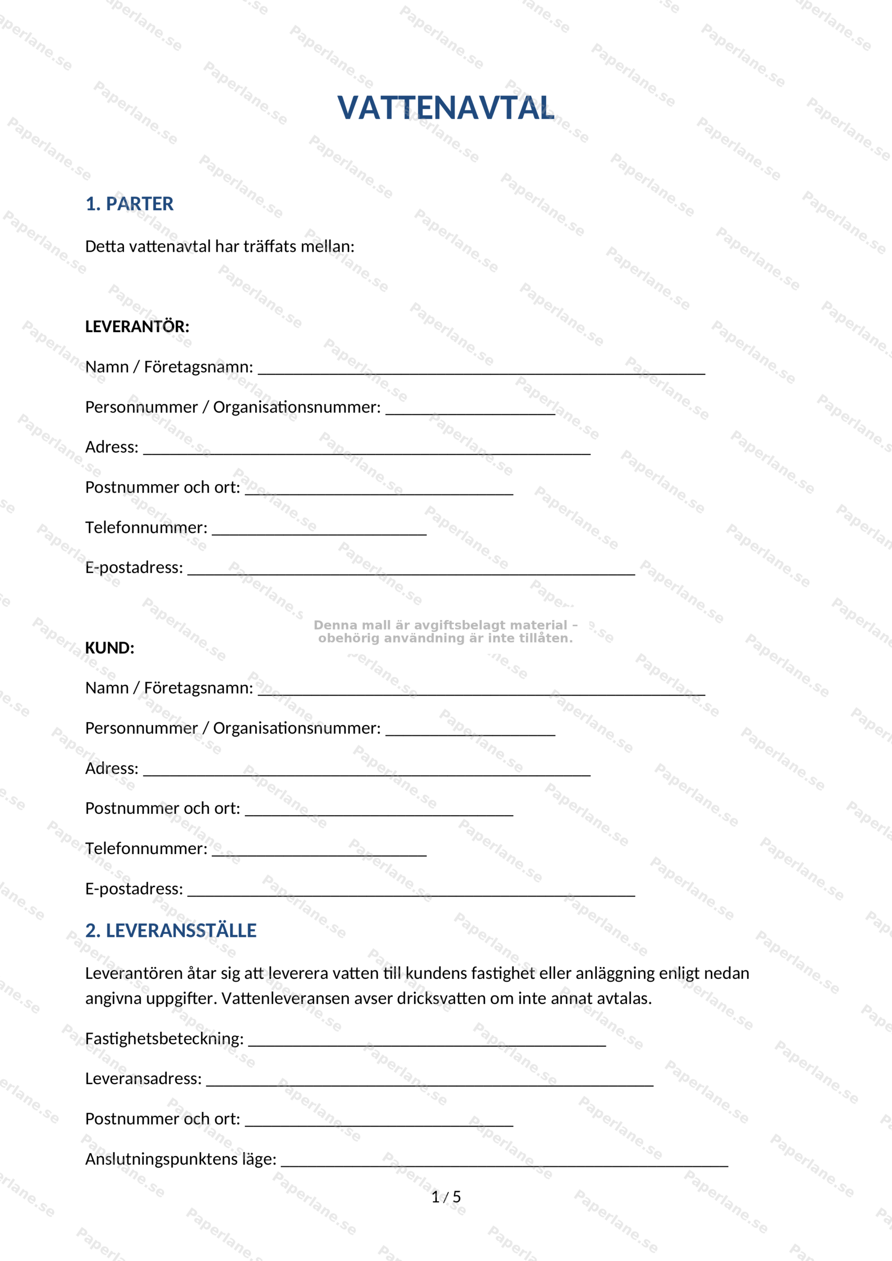 Första sidan av ett A4-dokument: vattenavtal med rubrik, text och signaturfält