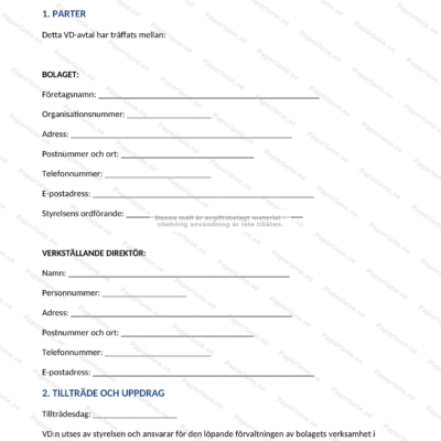 Första sidan av ett VD-avtal i A4-format, utskrivet dokument med text och rubriker