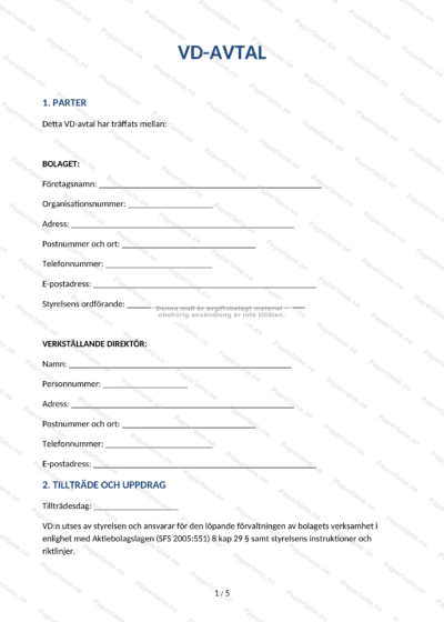 Första sidan av ett VD-avtal i A4-format, utskrivet dokument med text och rubriker
