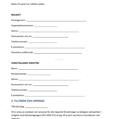 Första sidan av ett VD-avtal i A4-format, utskrivet dokument med text och rubriker