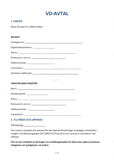 Första sidan av ett VD-avtal i A4-format, utskrivet dokument med text och rubriker