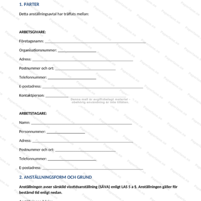 Första sidan av ett A4-visstidsanställningsavtal med rubrik, kontraktstext och underskriftsfält