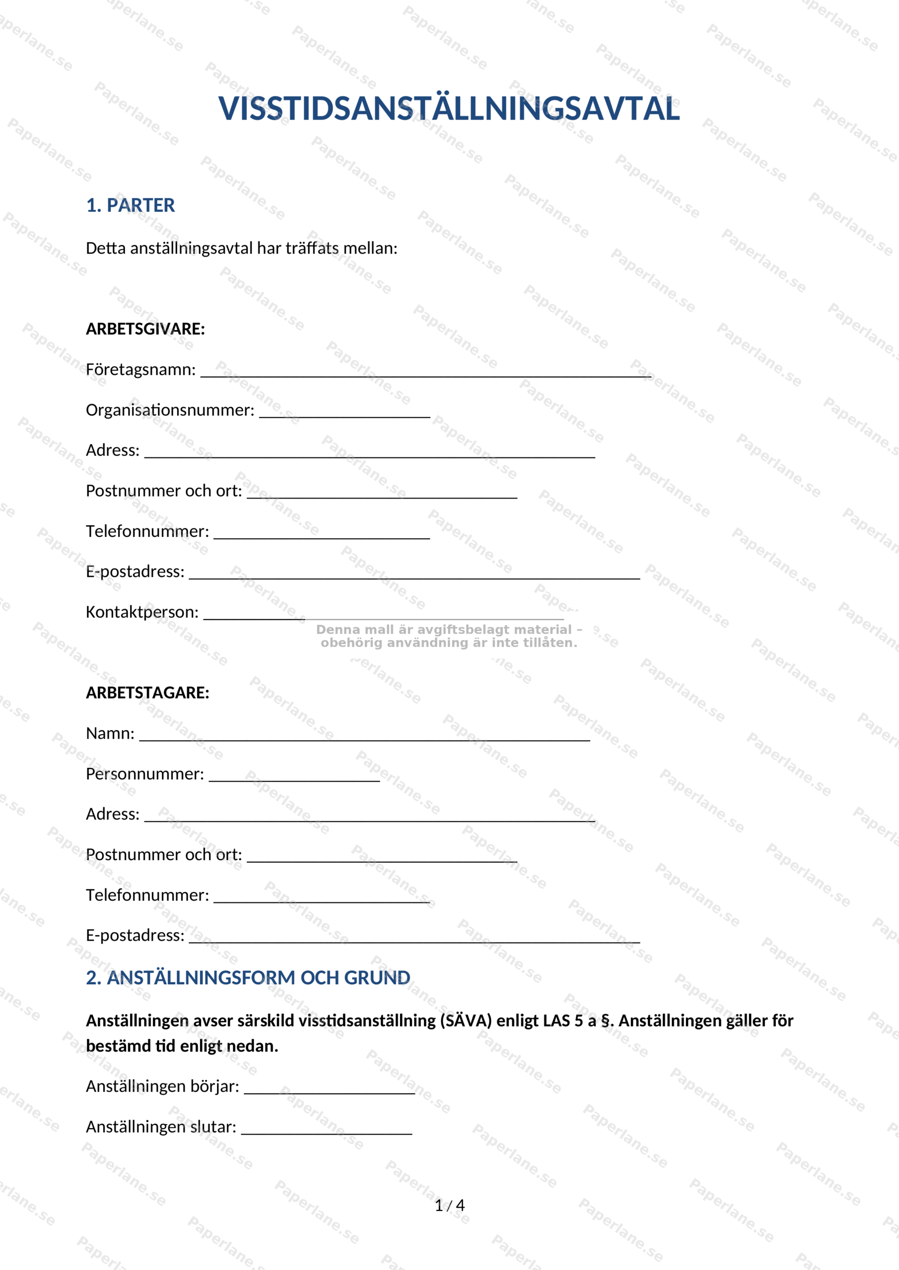 Första sidan av ett A4-visstidsanställningsavtal med rubrik, kontraktstext och underskriftsfält