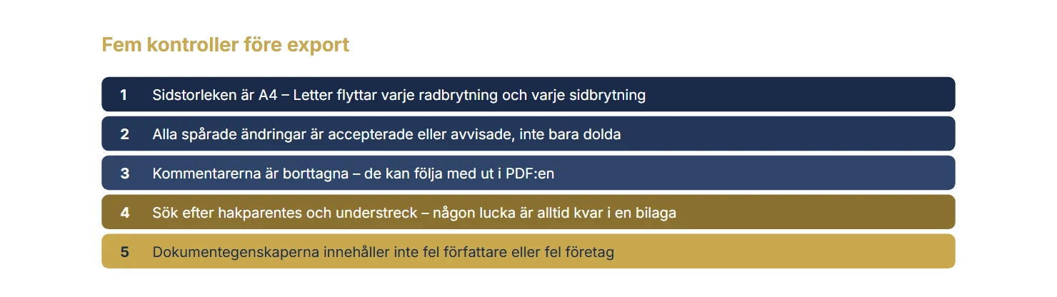 Fem kontroller före export till PDF