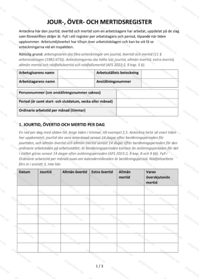 Första sidan av ett register över arbetstid, med fält för period.
