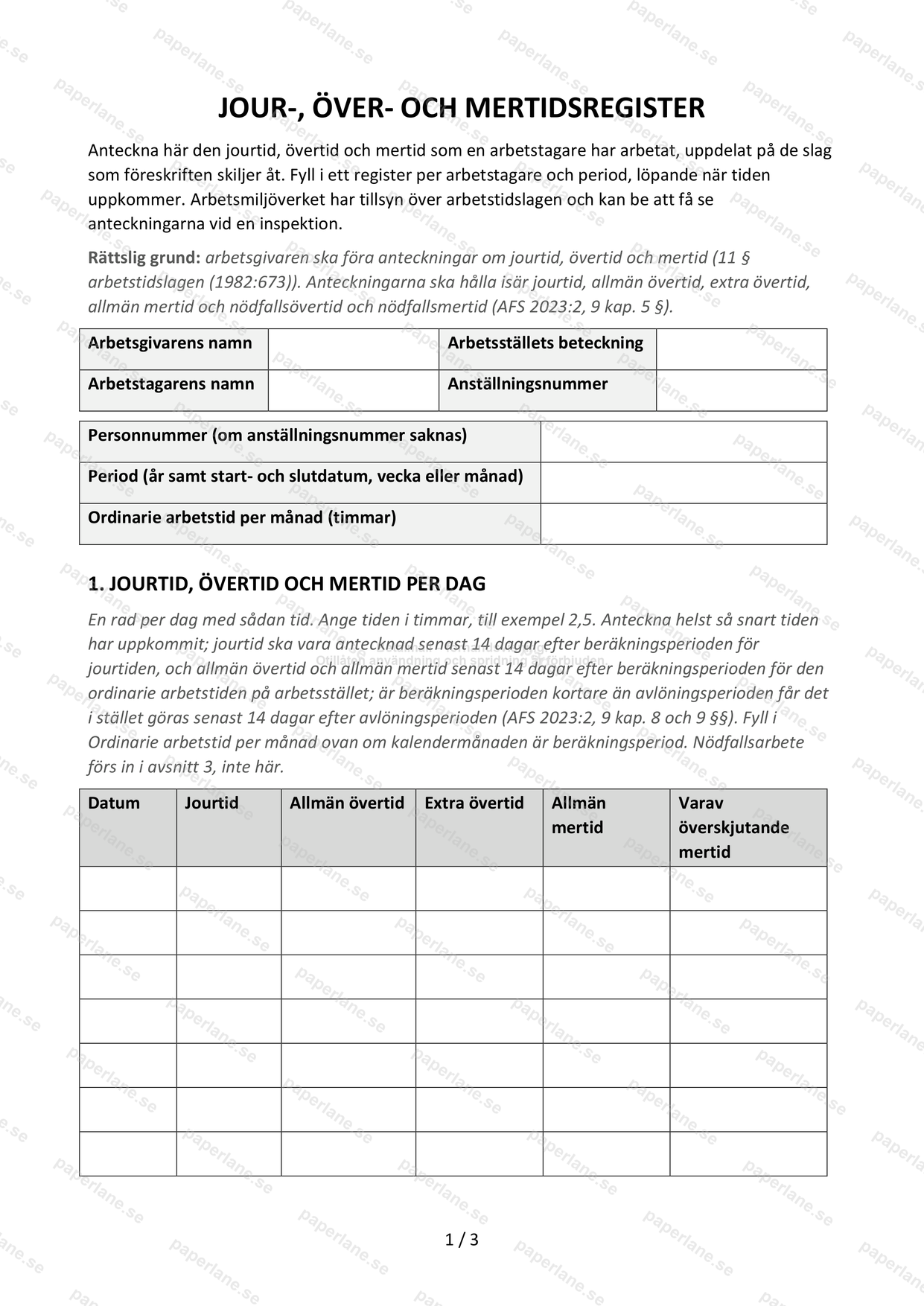 Första sidan av ett register över arbetstid, med fält för period.
