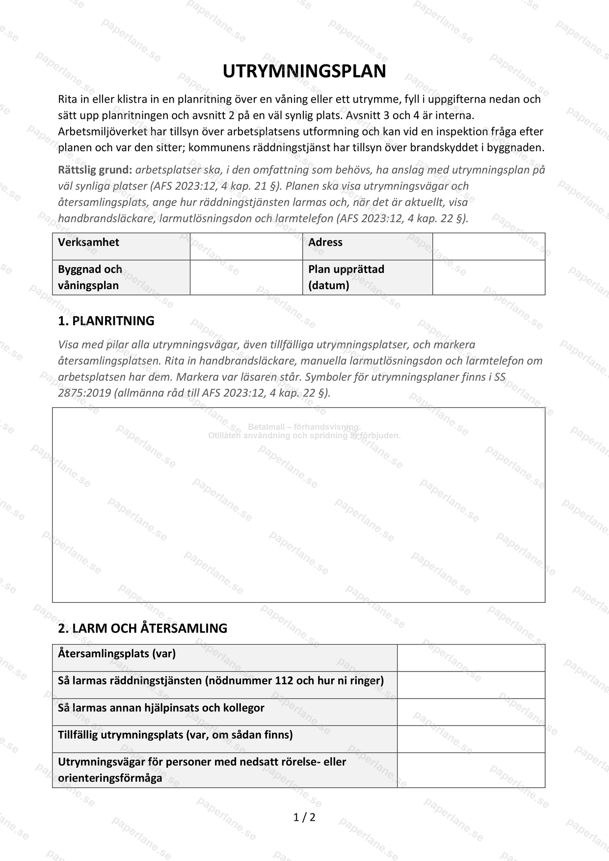 Första sidan av en utrymningsplan, med den stora rutan för planritningen.