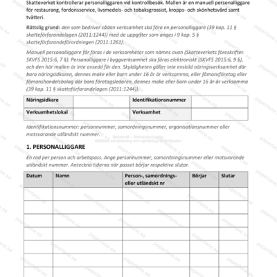 Första sidan av en personalliggare, med fält för näringsidkaren.