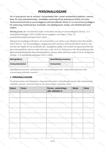 Första sidan av en personalliggare, med fält för näringsidkaren.