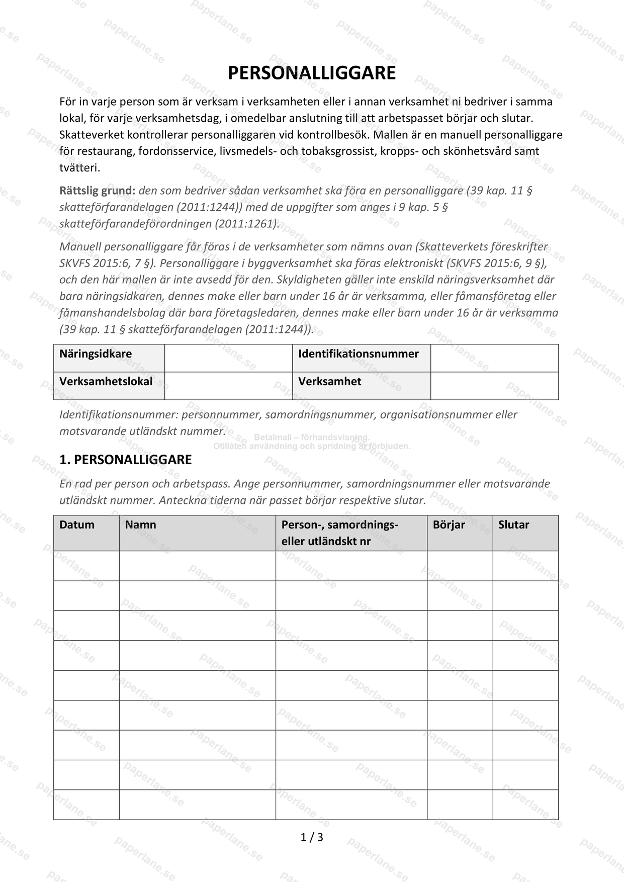 Första sidan av en personalliggare, med fält för näringsidkaren.